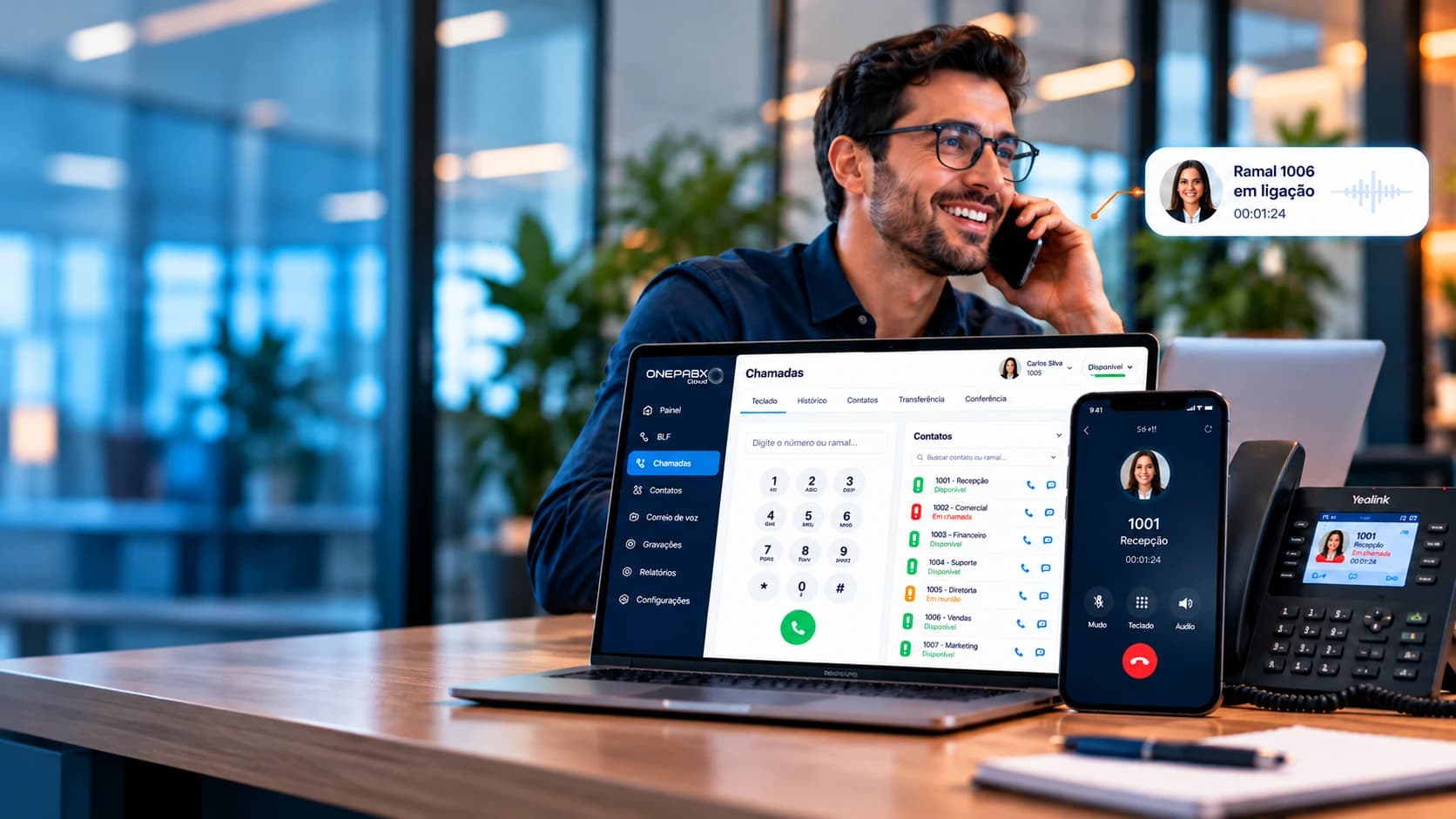 OnePABX Cloud em computador, celular e telefone IP